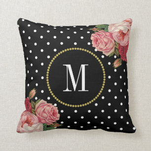 Cojín Decorativo Moda puntos blancos negros Vintage Floral Monogram