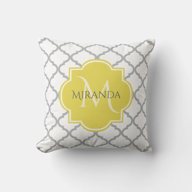 Cojín Decorativo Moda Quatrefoil gris blanco Monogramo amarillo Nom (Anverso)