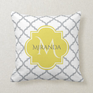 Cojín Decorativo Moda Quatrefoil gris blanco Monogramo amarillo Nom
