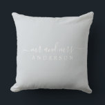 Cojín Decorativo Moda Recién Casado Sr. Sra. Ice Blue Monograma<br><div class="desc">Moda, almohada monogramada moderna con el texto Mr. y Mrs. en blanco y elegante sobre un fondo azul hielo. Simplemente agrega tu nombre de casado. Un regalo perfecto para la pareja recién casada. Diseñado exclusivamente para usted por Happy Dolphin Studio. Si necesita ayuda o productos coincidentes, póngase en contacto con...</div>