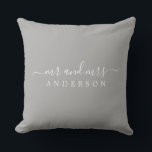 Cojín Decorativo Moda Recién Contratado Sr. Gray Monogram<br><div class="desc">Moda, almohada monogramada moderna con el texto Mr. y Mrs. en blanco y elegante sobre un fondo gris. Simplemente agrega tu nombre de casado. Un regalo perfecto para la pareja recién casada. Diseñado exclusivamente para usted por Happy Dolphin Studio. Si necesita ayuda o productos coincidentes, póngase en contacto con nosotros...</div>