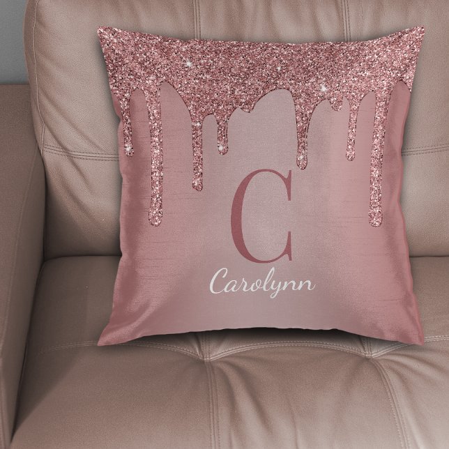 Cojín Decorativo Moda Rosa Oro Purpurina Dris Monograma (Chic Rose Gold Glitter Drips Monogram Throw Pillow)