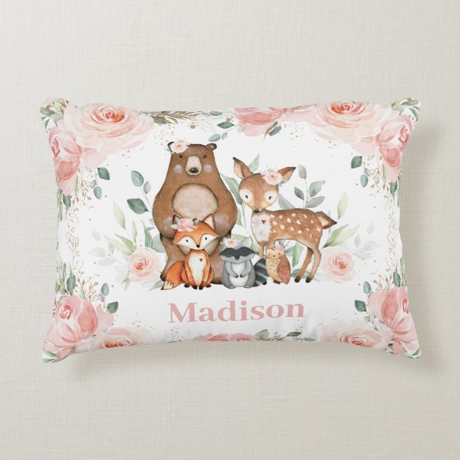 Cojín Decorativo Moda Woodland Animals Pastel Rubor Floral Gold (Anverso)