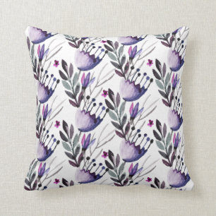 Cojín Decorativo Modelo de flores púrpura y gris de la acuarela