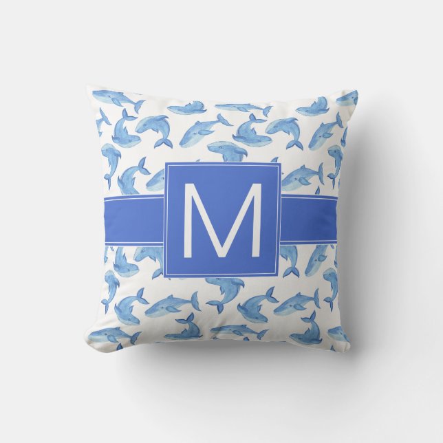 Cojín Decorativo Modelo de la ballena azul de la acuarela (Anverso)