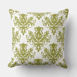 Cojín Decorativo Modelo del damasco 02 - aceituna en blanco