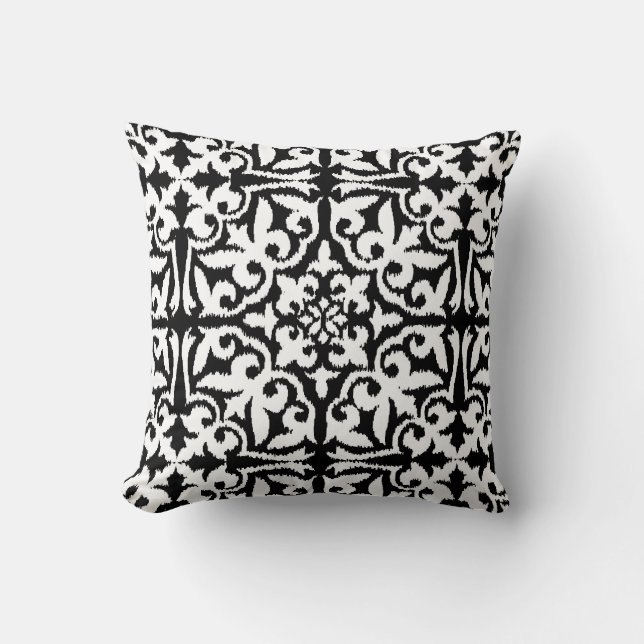 Cojín Decorativo Modelo del damasco de Ikat - blanco y negro (Anverso)