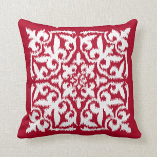 Cojín Decorativo Modelo del damasco de Ikat - rojo oscuro y blanco