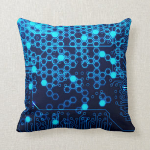 Cojín Decorativo Modelo electrónico azul fresco del hexágono de la