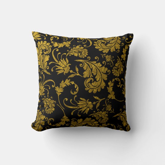 Cojín Decorativo Modelo elegante del damasco del oro en negro (Anverso)