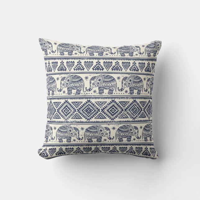 Cojín Decorativo Modelo étnico azul del elefante (Anverso)
