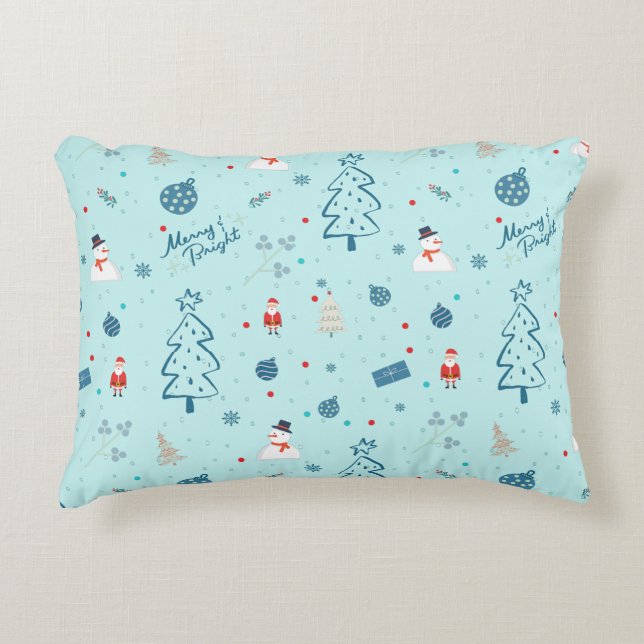 Cojín Decorativo Modern Blue Christmas Pillow – Santa & Snowmen  (Anverso)