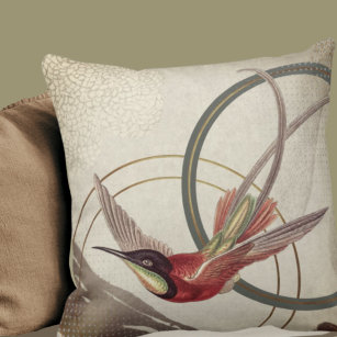 Cojín Decorativo Modern Ecru Hummingbird Design   Earthy Green
