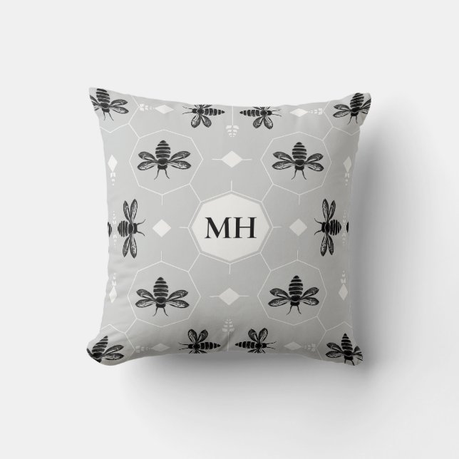 Cojín Decorativo Modern Gray Elegant Black Bee Pattern Monogram (Anverso)