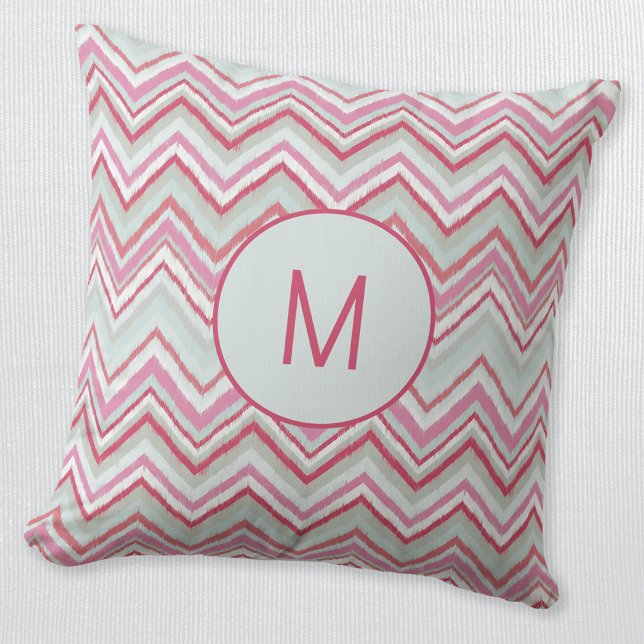 Cojín Decorativo Modern Ikat Chevron Stripe Monogram Initial (Modern Ikat zigzag chevron pattern monogram initial personalized pastel green pink throw pillow)