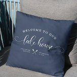 Cojín Decorativo Modern Lake House Family Name Welcome Script Blue<br><div class="desc">Modern, chic brush script reading WELCOME TO OUR LAKE HOUSE in a trendy typography driven design. Great custom home decor pillow for your home away from home. Both romantic and stylish, our dusty navy blue pillow features a sweet canoe illustration between your location and the year established. Works great for...</div>