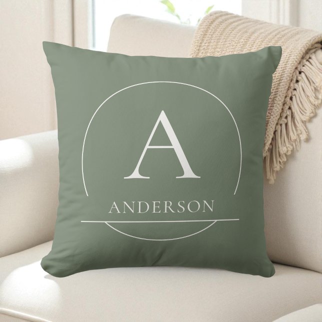 Cojín Decorativo Modern Sage Green Simple Family Name Monogram (Modern Sage Green Simple Family Name Monogram Throw Pillow)