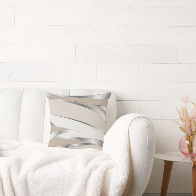 Cojín Decorativo Modern Sleek Metallic Silver and Beige Abstract (Sofá)