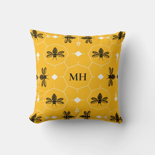 Cojín Decorativo Modern Yellow Elegant Black Bee Pattern Monogram (Anverso)