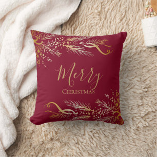 Cojín Decorativo Moderna familia roja de oro nombre Feliz Navidad