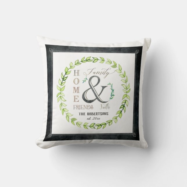 Cojín Decorativo Moderna granja Wreath Ampersand Home Name (Anverso)