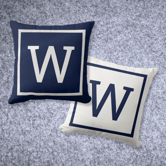 Cojín Decorativo Moderna Marina Monográfica Simple Azul (Modern Simple Monogram Navy Blue Throw Pillow)