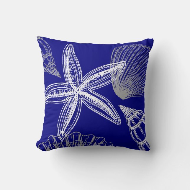 Cojín Decorativo Moderna Seashell Beach House Blue White Starfish (Anverso)