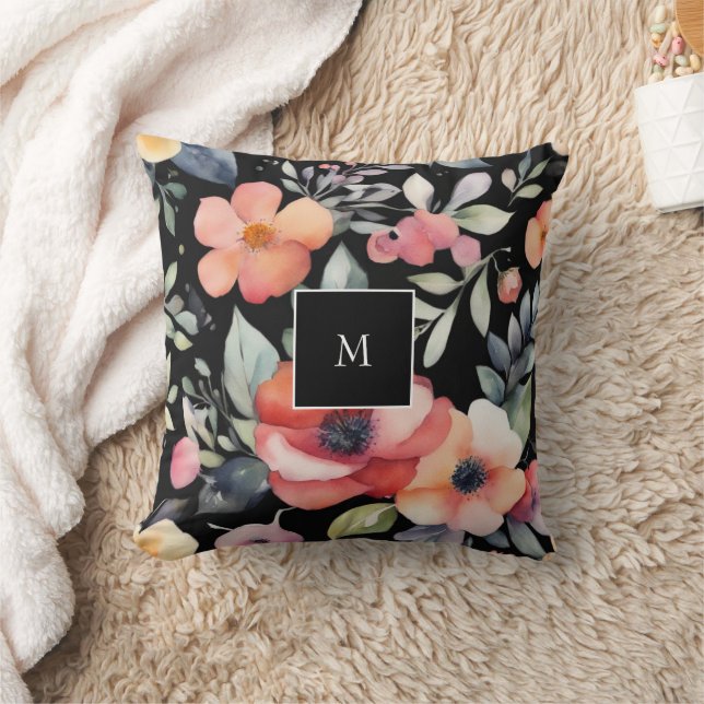 Cojín Decorativo Moderna y elegante acuarela floral monogramada (Manta)