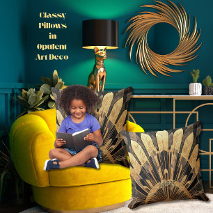 Cojín Decorativo Moderno Art Deco Oro Negro Sunburst Motif 20 x 20