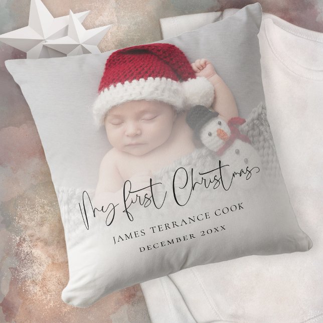 Cojín Decorativo Moderno Baby First Christmas Photo Overlay (Same design is on both sides)