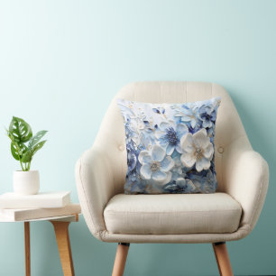 Cojín Decorativo Moderno Botánico Floral Azul Blanco Elegante