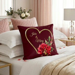 Cojín Decorativo Moderno Elegante Corazón De Oro Y Rosas Rojas