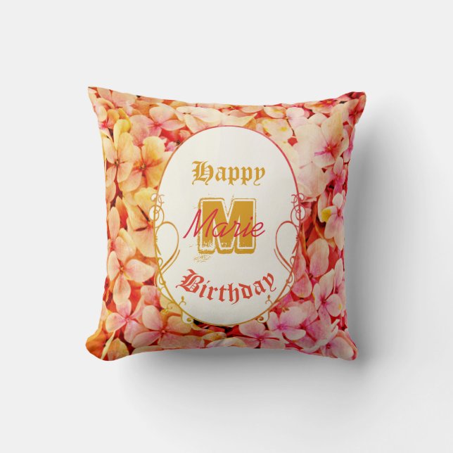 Cojín Decorativo Moderno Floral Elegante Nombre MonogramaFeliz Cump (Anverso)