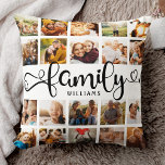 Cojín Decorativo Moderno guión familiar 20 Collage de fotos Moda es<br><div class="desc">Moderna almohada de collage de fotos personalizado con espacio para 20 fotos alrededor de un guión moderno y rápido que lee FAMILIA y su nombre personalizado a continuación. Esta es la versión de dos lados.</div>