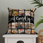 Cojín Decorativo Moderno guión familiar 20 Collage de fotos Moda ne<br><div class="desc">Moderna almohada de collage de fotos personalizado con espacio para 20 fotos alrededor de un guión moderno y rápido que lee FAMILIA y su nombre personalizado a continuación. Esta es la versión de dos lados.</div>