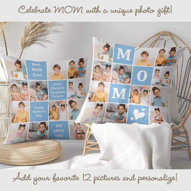 Cojín Decorativo Moderno MOM personalizado 12 Collage de fotos azul (Subido por el creador)