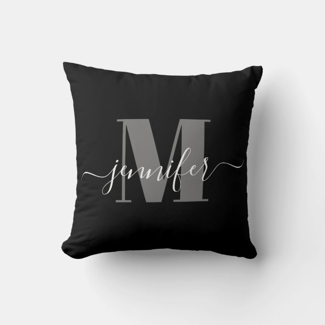 Cojín Decorativo Moderno nombre de monograma elegante negro y gris (Anverso)