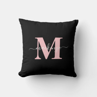 Cojín Decorativo Moderno nombre monograma negro y rosa elegante