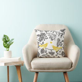 Cojín Decorativo Moderno patrón de pájaro floral gris y amarillo bl