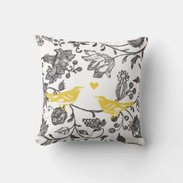 Cojín Decorativo Moderno patrón floral de aves en amarillo gris y b
