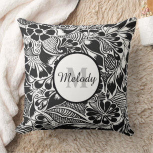 Cojín Decorativo moderno y elegante mehndi floral botánico negro