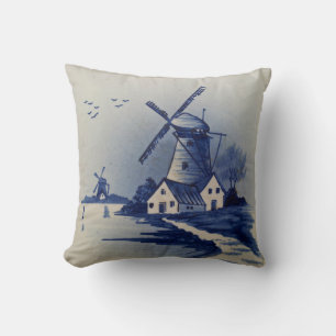 Cojín Decorativo Molino de viento azul vintage Delft