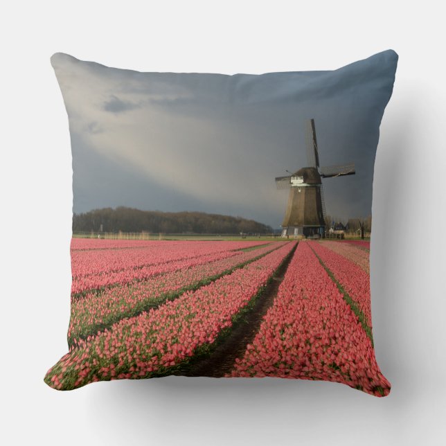 Cojín Decorativo Molino de viento con los tulipanes rosados en (Anverso)