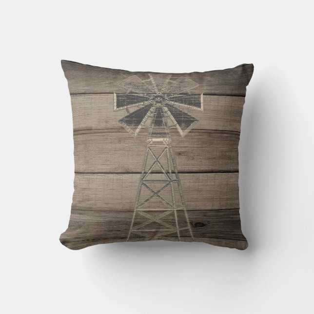 Cojín Decorativo Molino de Viento de Madera Rústica Deteriorada (Anverso)
