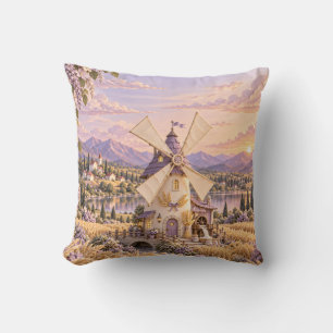 Cojín Decorativo Molino de viento lila Trigo dorado Atardecer en la