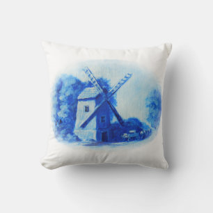 Cojín Decorativo Molino de viento, modelo azul de Delft, impresión