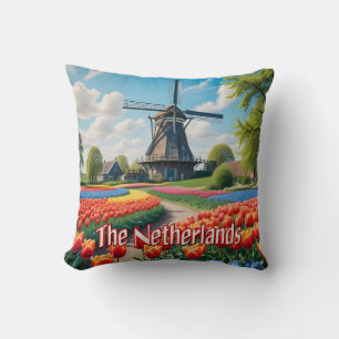 Cojín Decorativo Molino de viento y tulipanes de los Países Bajos