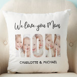 Cojín Decorativo Mom 3 Photos Cutout Letters<br><div class="desc">Your Mom will be delighted with this charming keepsake photo throw pillow featuring the word MOM as photo cutouts. 
It is easily customizable with your photos and names. Makes a wonderful gift for Mother's Day or her birthday.</div>