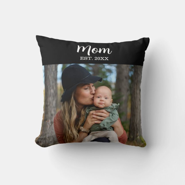 Cojín Decorativo Mom Est. Script Photo Throw Pillow (Anverso)