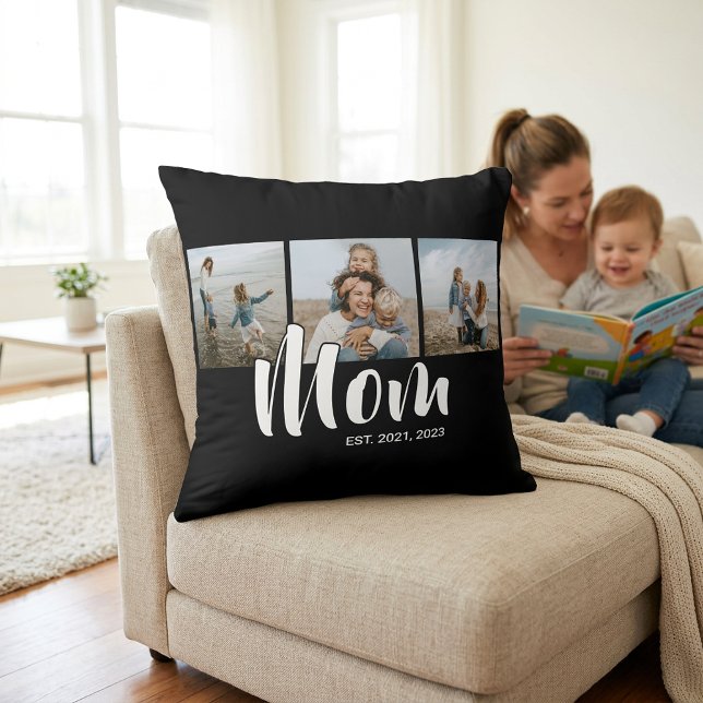 Cojín Decorativo Mom Established Modern Script Black 3 Photo (Mom Established Modern Script Black 3 Photo Throw Pillow)